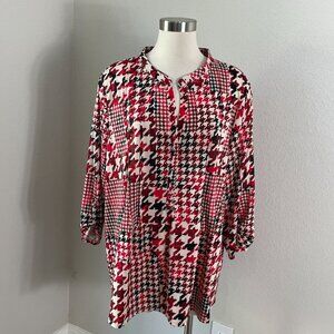 Cocomo Woman‎ Plus 3X Red Black White Houndstooth Tunic Top Stretch Shirt